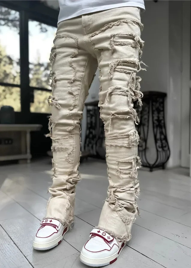 Mens Regular Fit Stacked Jeans Ripped Slim Fit Patch Distressed Destroyed Straight Denim Pants Hip Hop Streetwear Trouser Cloth 251029