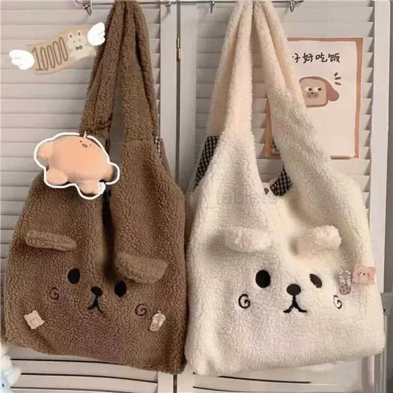 New Winter Soft Plush Tote Bag Women Cartoon Embroidery Imitation Lamb Hair Shoulder Bag for Women Shopper Bag Bolsa No Pendant M251030