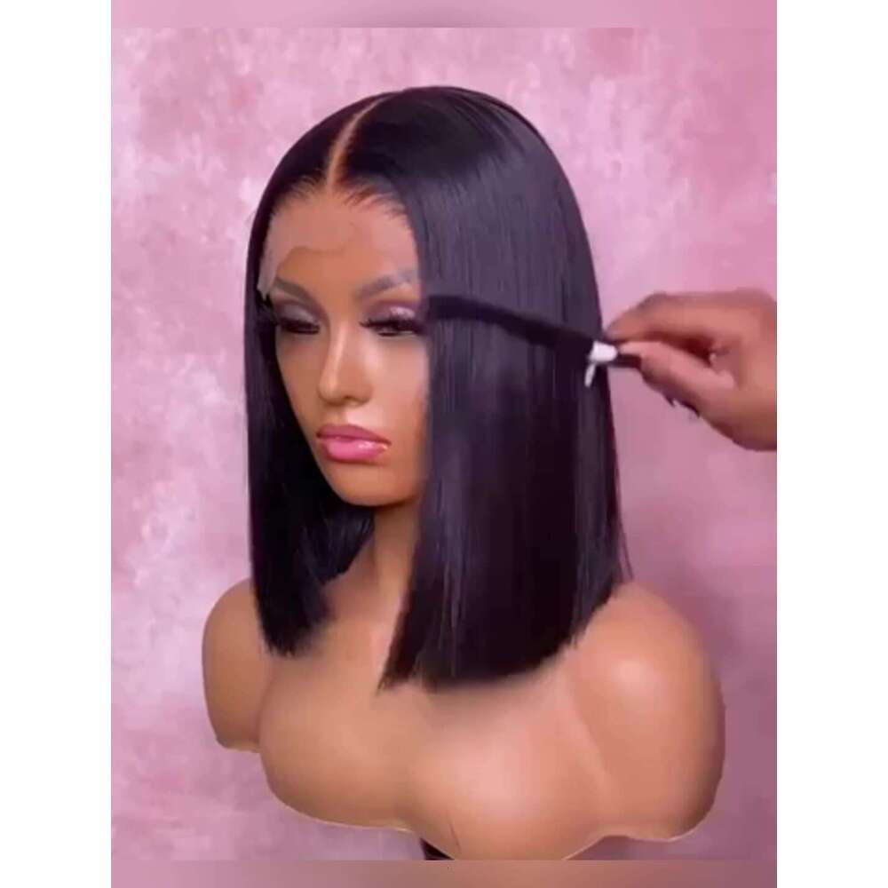 Bob Wig Women Front Pre-Plucked Breathable Mesh Elastic Cap 190% Density Straight Frontal Human Hair Lace Short Wigs Natural Color Suitable For Decora