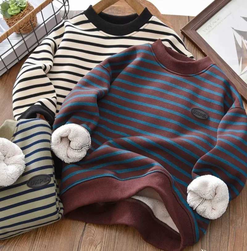 Boys Striped FleeceLined Thickened Long Sleeve Sweatshirt 2025 Winter New Arrival Warm Base Layer MidBig Size TopT251030