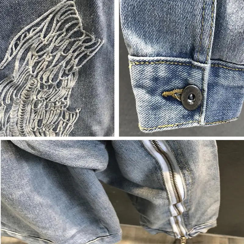Vintage Distressed Denim Jacket Mens Angel Wings Embroidery Loose Fit Zip Cuff Ripped Elbow Korean Spring Fall Streetwear Coat 251016