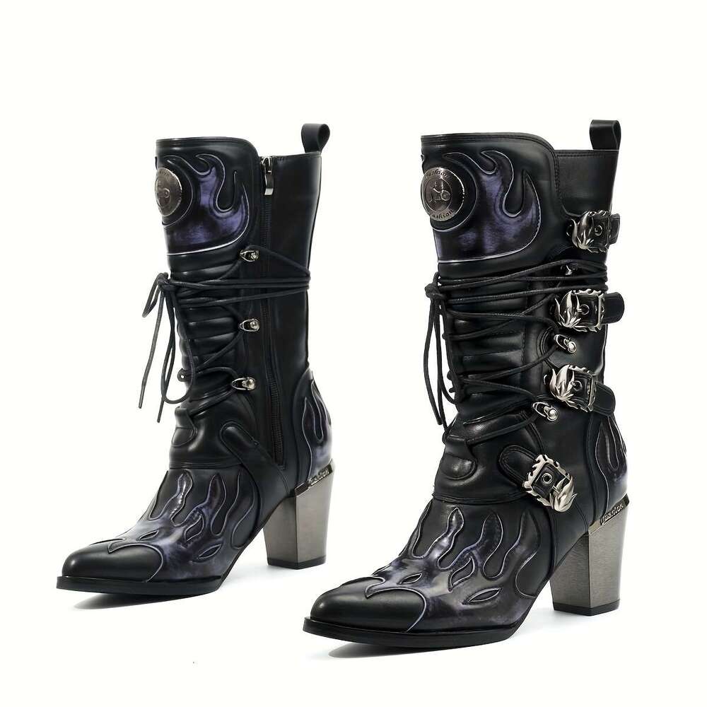 Women's Mid-Calf Faded Flame Design, Side Zipper Toe, 8.0Cm Chunky Heel, Versatile Footwear, Casual Trendy Pointed Toe Highquality Material, Dura