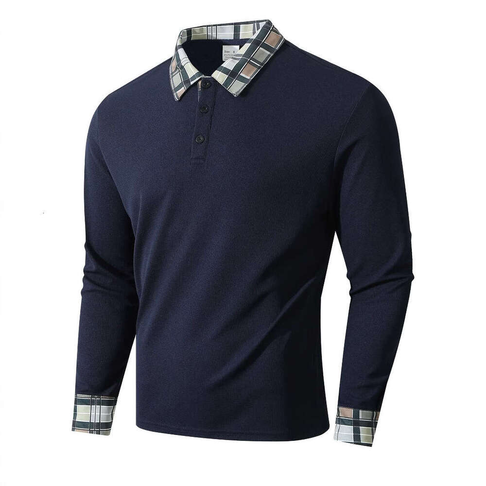 New Men's Autumn Outdoor Fashion Breathable Turn-Down Collar Sports Casual Long Sleeve Plaid Polo Shirt