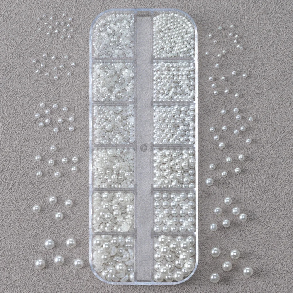 12Grids 3D Mixed White Pearls Nail Charms 01505mm RoundSemicircle Pearl Beads Nail Art Rhinestones DIY Manicure Accessories 251027