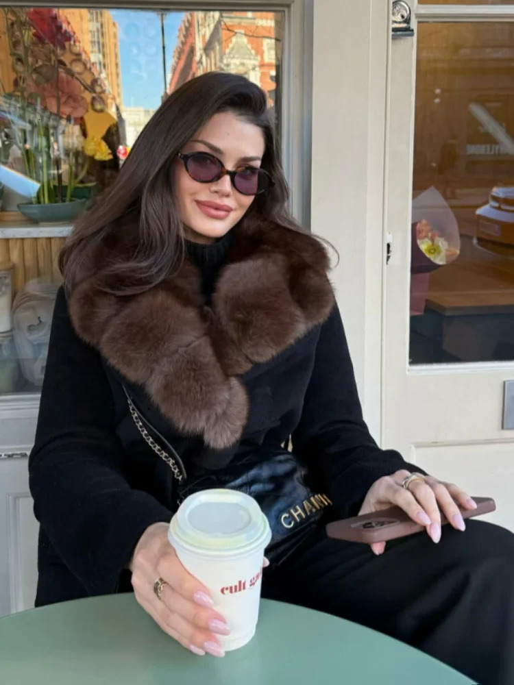 Elegant Shawl Faux Fur Women Coat Lace Up Full Sleeve Belted Waist Lapel Woolen Female Jacket Autumn Winter Lady Outwears 251028