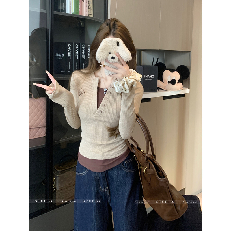 American designer fashion retro contrasting fake two-piece long sleeved t-shirt base shirt for women autumn new style spicy girl slim fit slimming sho