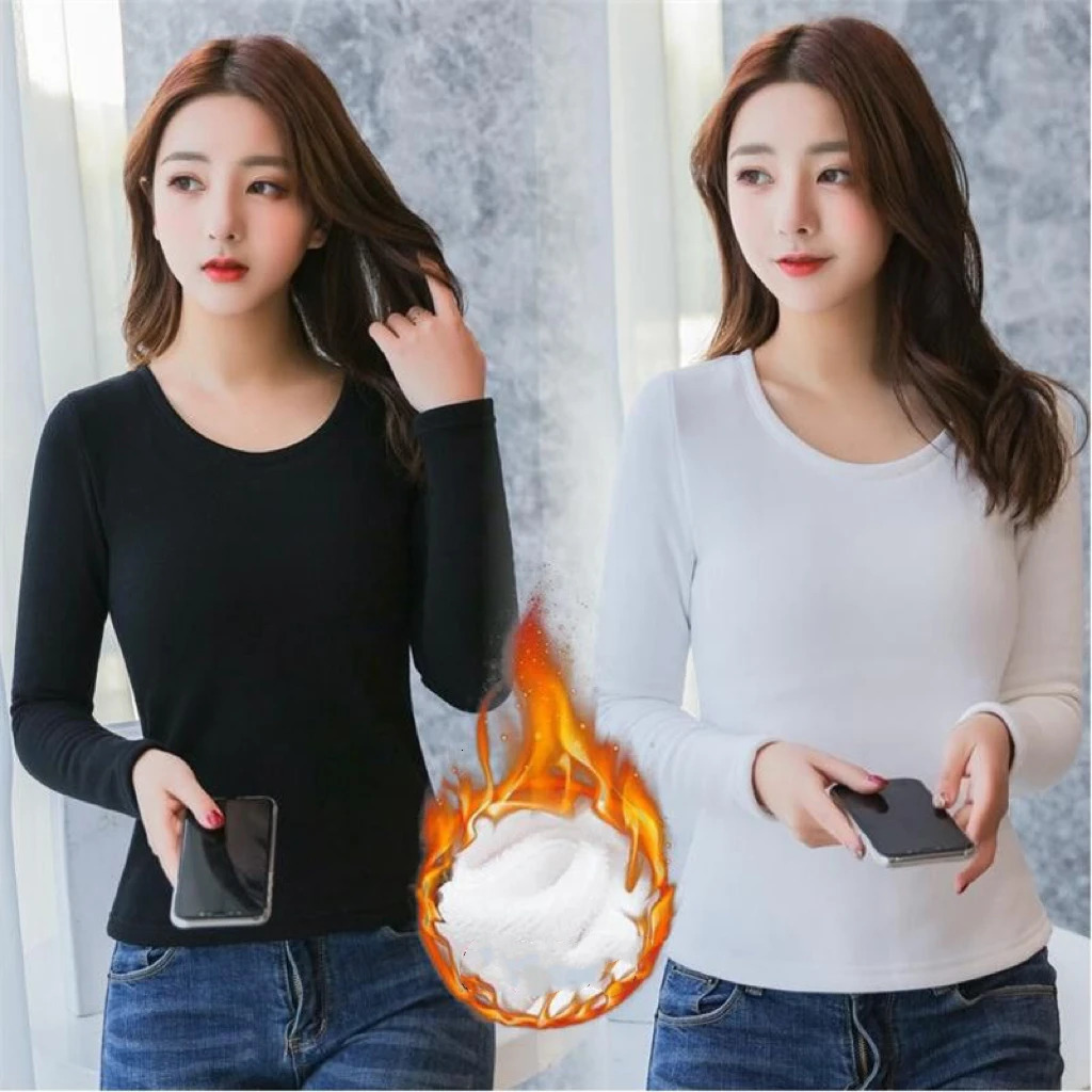 1pcs Women Autumn Winter Longsleeved Tshirt Lady Thermal Underwear Thick Velvet Slim Fit Fashion Style Roundneck Top 251030