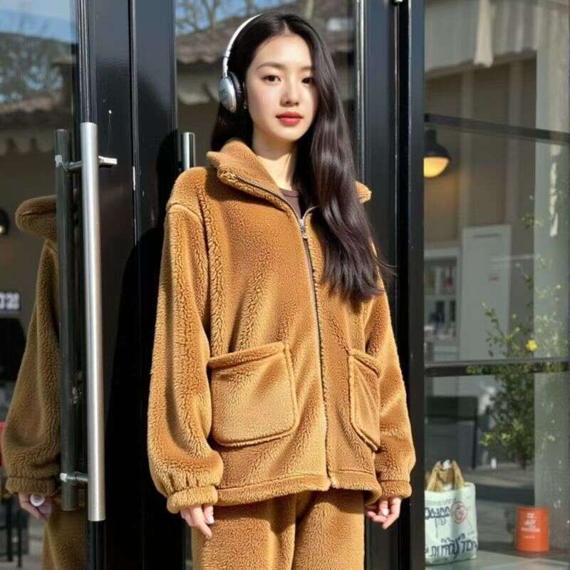 2025 Autumn Winter Solid Color Coral Fleece Nightgown for Women, Thickened and Fleece-Lined, Cute Cartoon Flannel Set