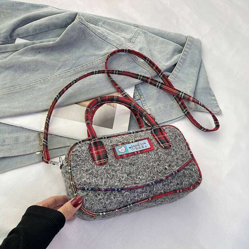 Plaid Handbag For Women Autumn Winter Simple Lamb Wool One Shoulder Bag Temperament Versatile Mini Crossbody Bags Trend