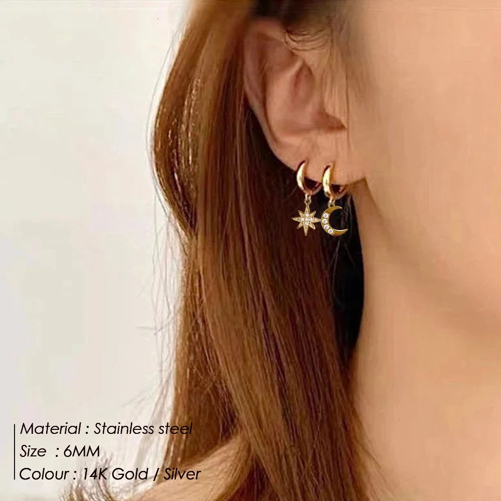 Stainless Steel Hoop Earrings for Women Aesthetic Star Moon Hanging Earring Dangle Fashion Jewelry 2025 Wholesale 250930