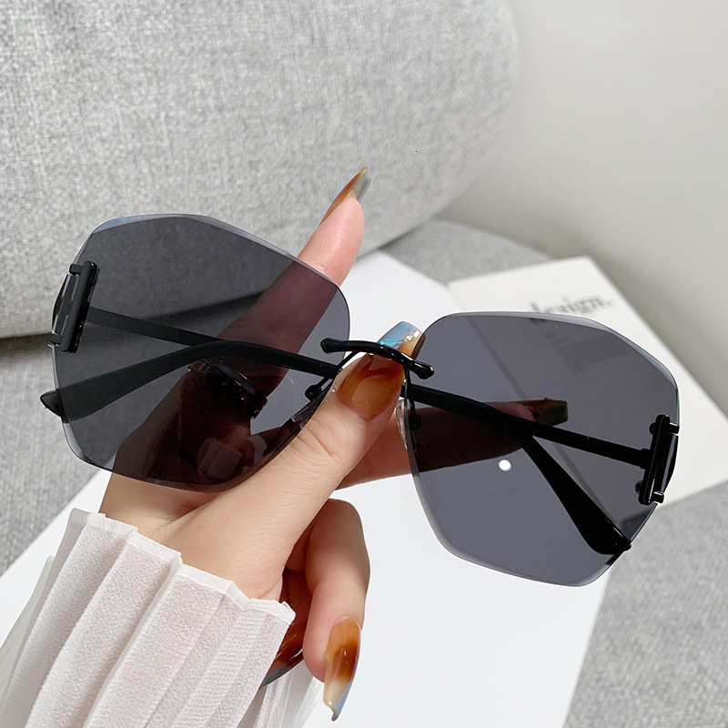 New Frameless Polygon for Women, High-End UV Protection Glasses, Fashionable Big Slimming Bare Face Sunglasses