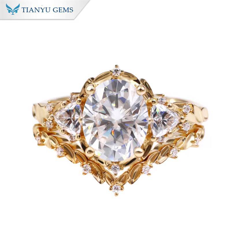 Tianyu Oval Heart Arrows Cut 8x10MM Moissanite Diamond Engagement Ring 14K 18K 10K Gold Leaf Wedding Band Ring Sets