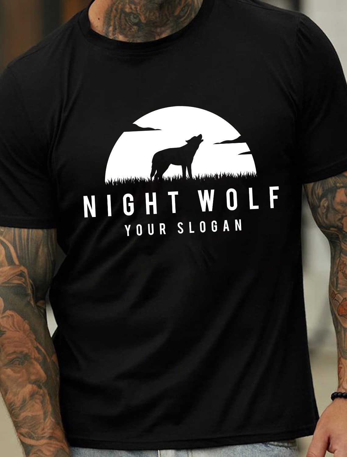 European & American Oversized Men's Cotton Summer T-Shirt with Howling Wolf Print Under the Full Moon - TT7188