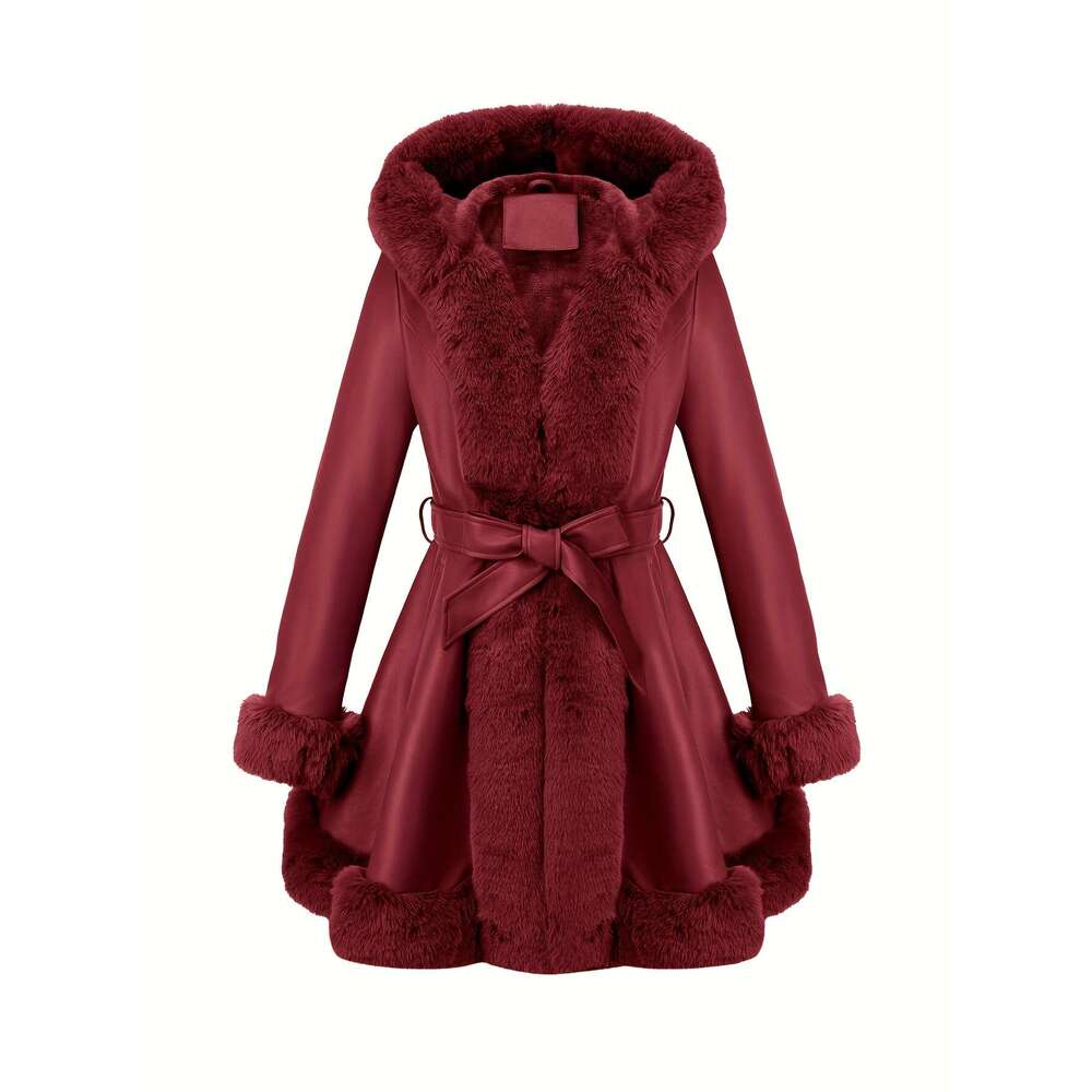 Women S Elegant Long PU Leather Hooded With Faux Fur Trim A Line Silhouette Brown Perfect For Fall Winter Stylish And Versatile Belt Detail Non Stretc