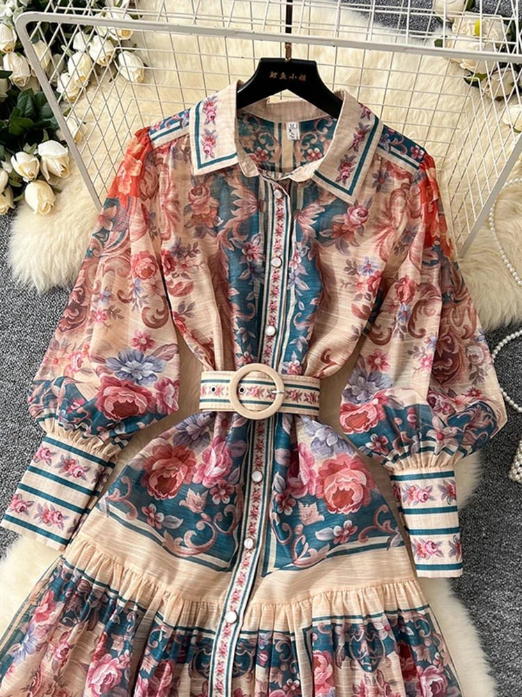 Retro Court Printed Lapel Lantern Sleeve Cinched Waist Single Breasted Dress Womens Long Sleeved Elegant A299 251027
