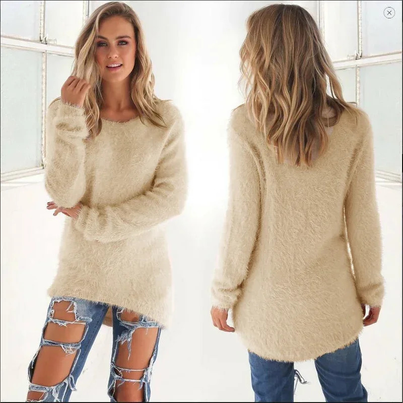 Women Warm Sweater Solid Color O Neck Loose Cotton Knitted Pullover Long Casual Oversize Blouse Ladies Hipster Clothing 251029