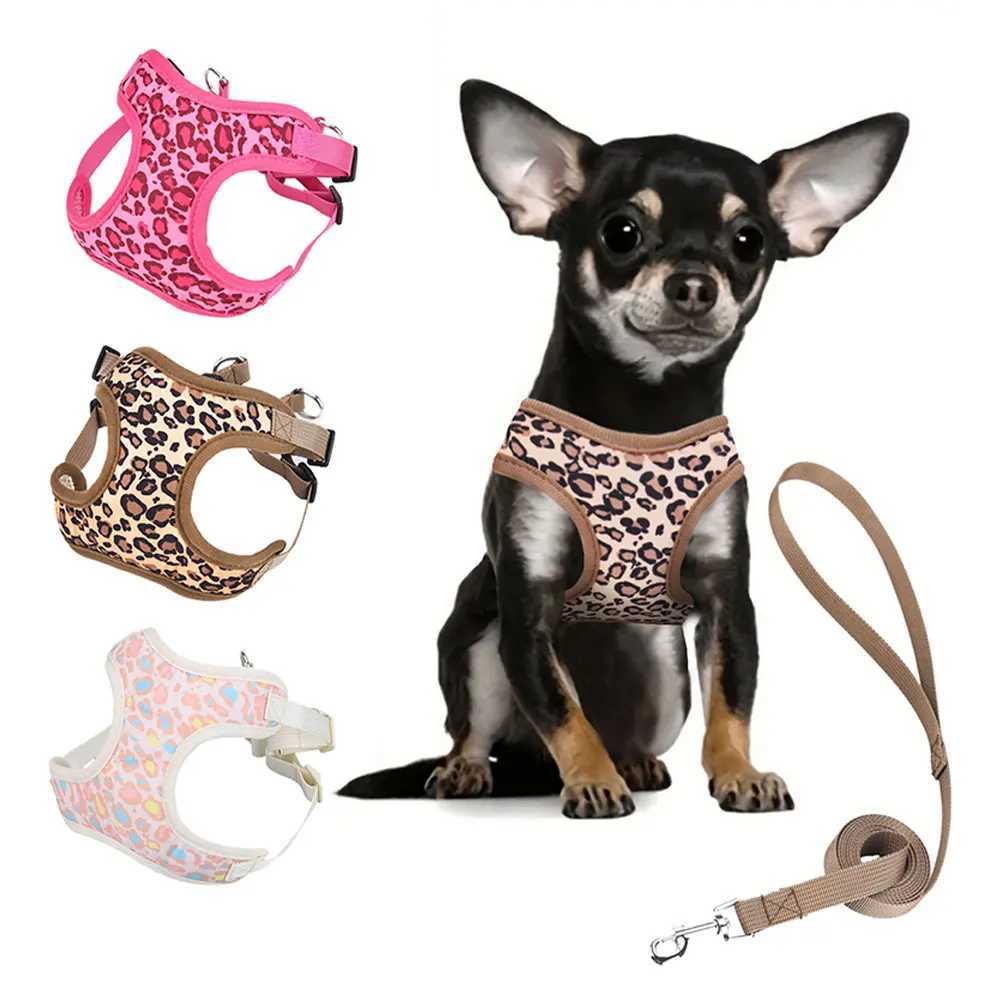 HP360Leopard print pet cat dog harnesssoft mesh fabric inside adjustable harness with 15meter leash J251129