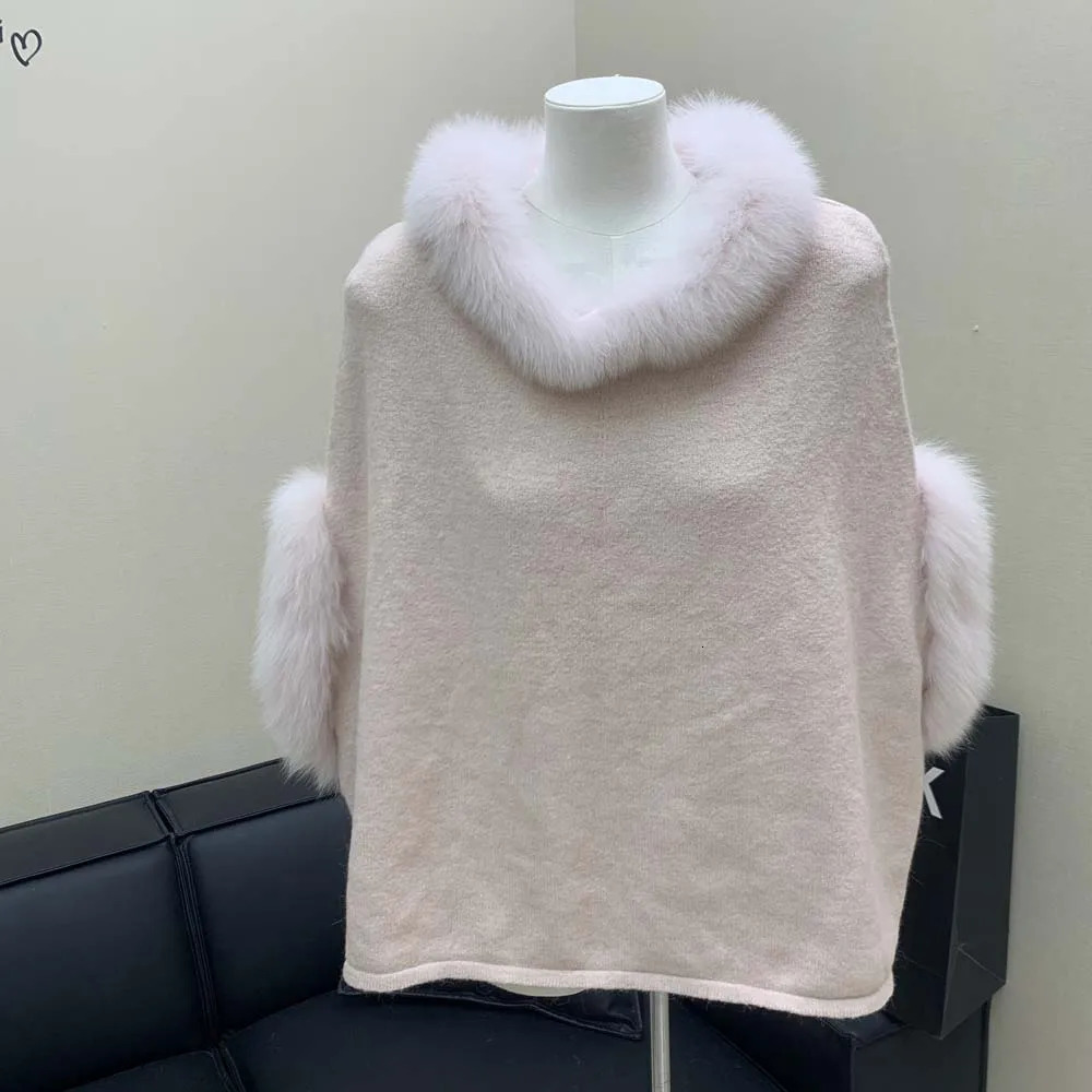 Autumn Women Knitted Poncho With Real Fox Fur Collar Cuff Fashion Casual Genuine Wool Warm Pullover shawl 251029