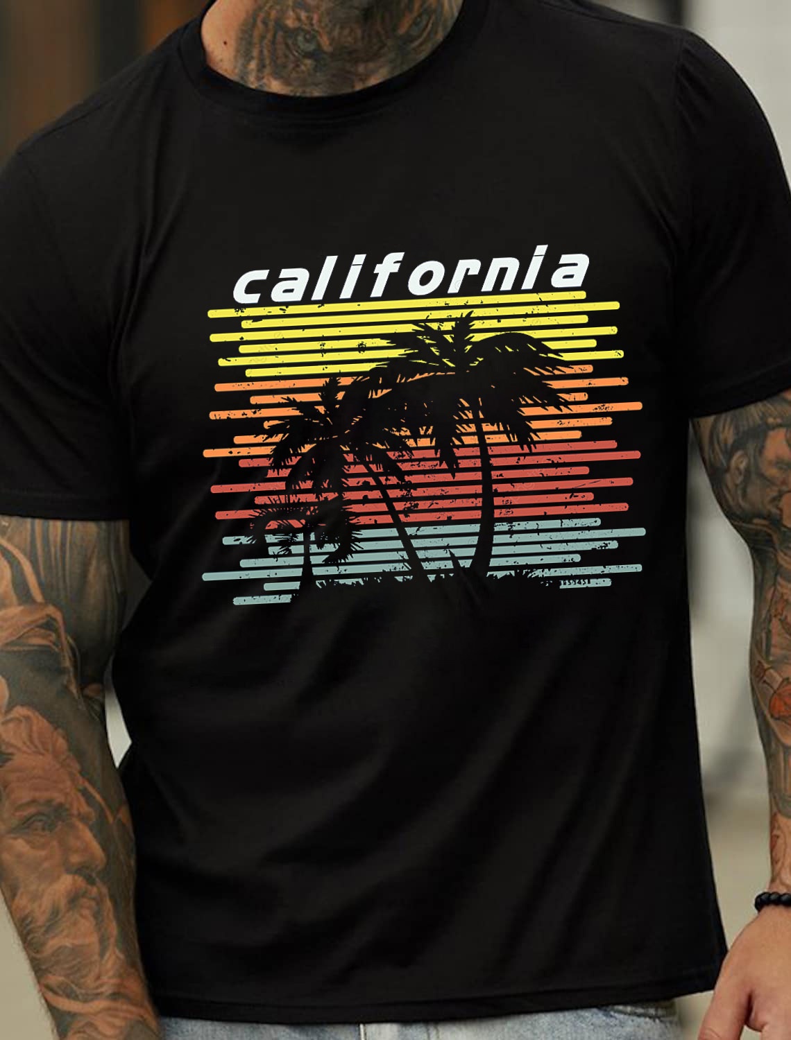 European and American Oversized California Fashion Design Men's Cotton Summer T-Shirt with Palm Tree Print - TT7084