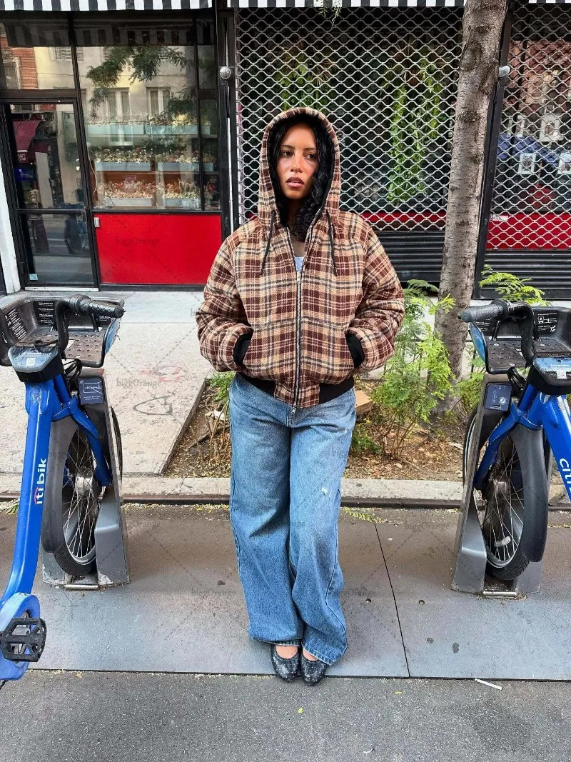 American Style Harajuku Retro Brown Plaid Reversible Fashion Zipper Hoodie Men Street Fashion Casual Loose Sweatshirt 251029