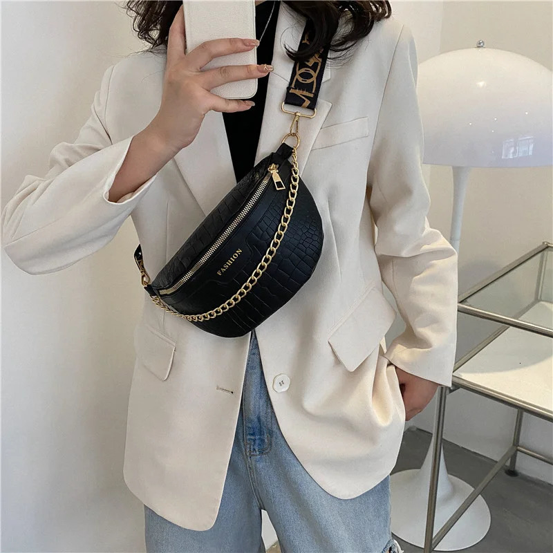 Vintage Pattern PU Fanny Packs For Women Elegant Chain Waist Bag Female Waist Pack Wide Strap Crossbody Chest Bag 251023