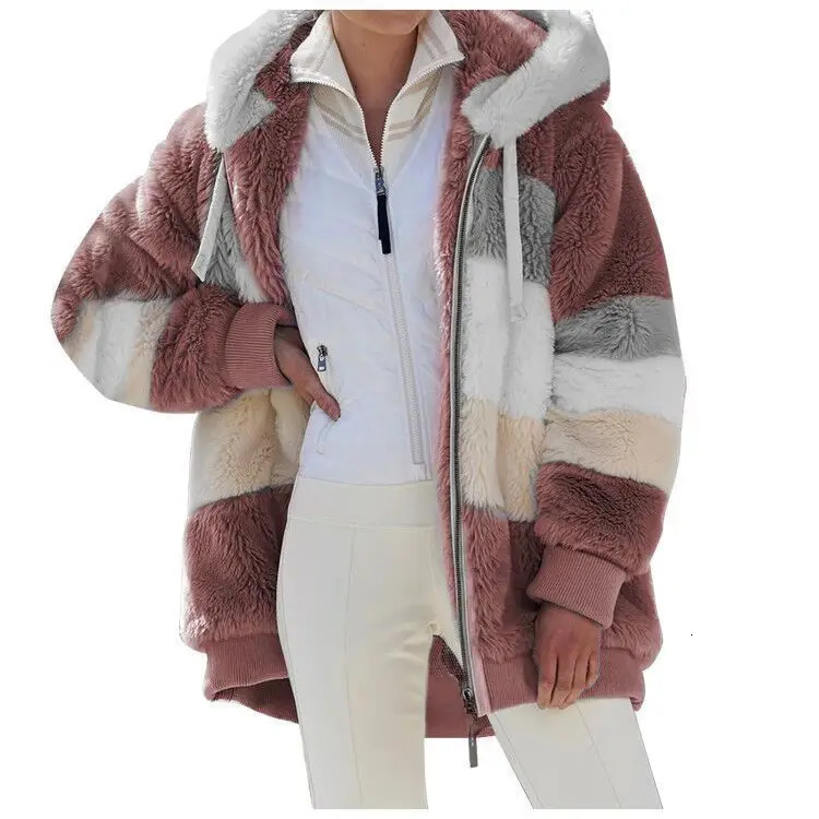 Women Striped Patchwork Fleece Hoodie Coat Autumn Winter Long Lantern Sleeve Loose Cardigan Hoodie Sweatshirt Coats 251030