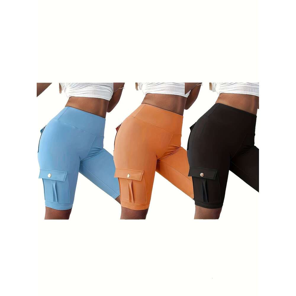 Yoga Shorts Set, 3 Pack, Solid Color, Back Pockets, Quick-dry Fabric, Women's Casual Sports Wear