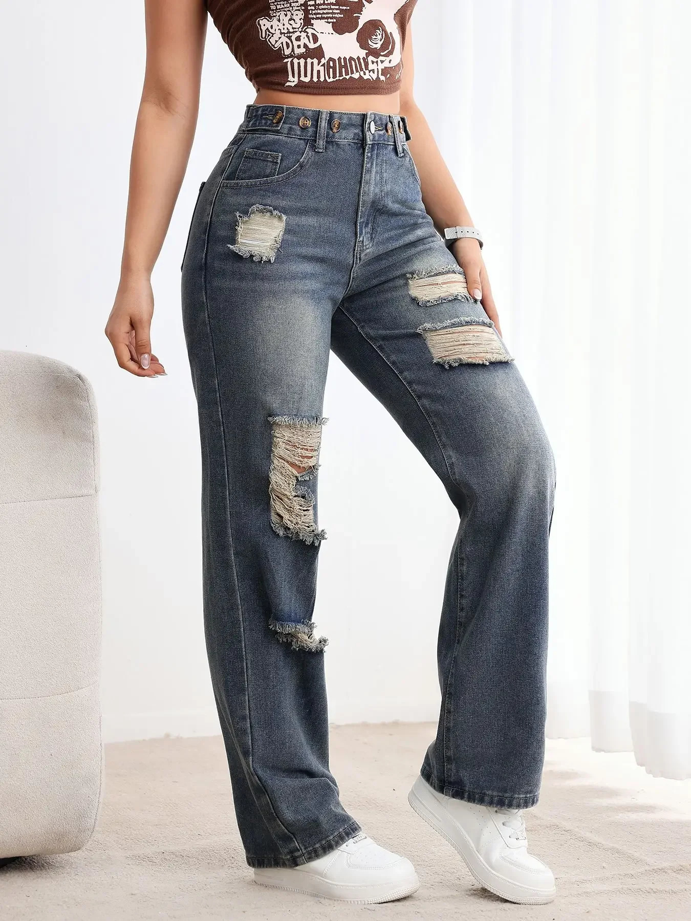 Baggy Jeans Womens Jeans Flared Jeans High Rise Ripped Denim Vintage Retro Style Loose Fit Comfort Stretch Fabric 251029