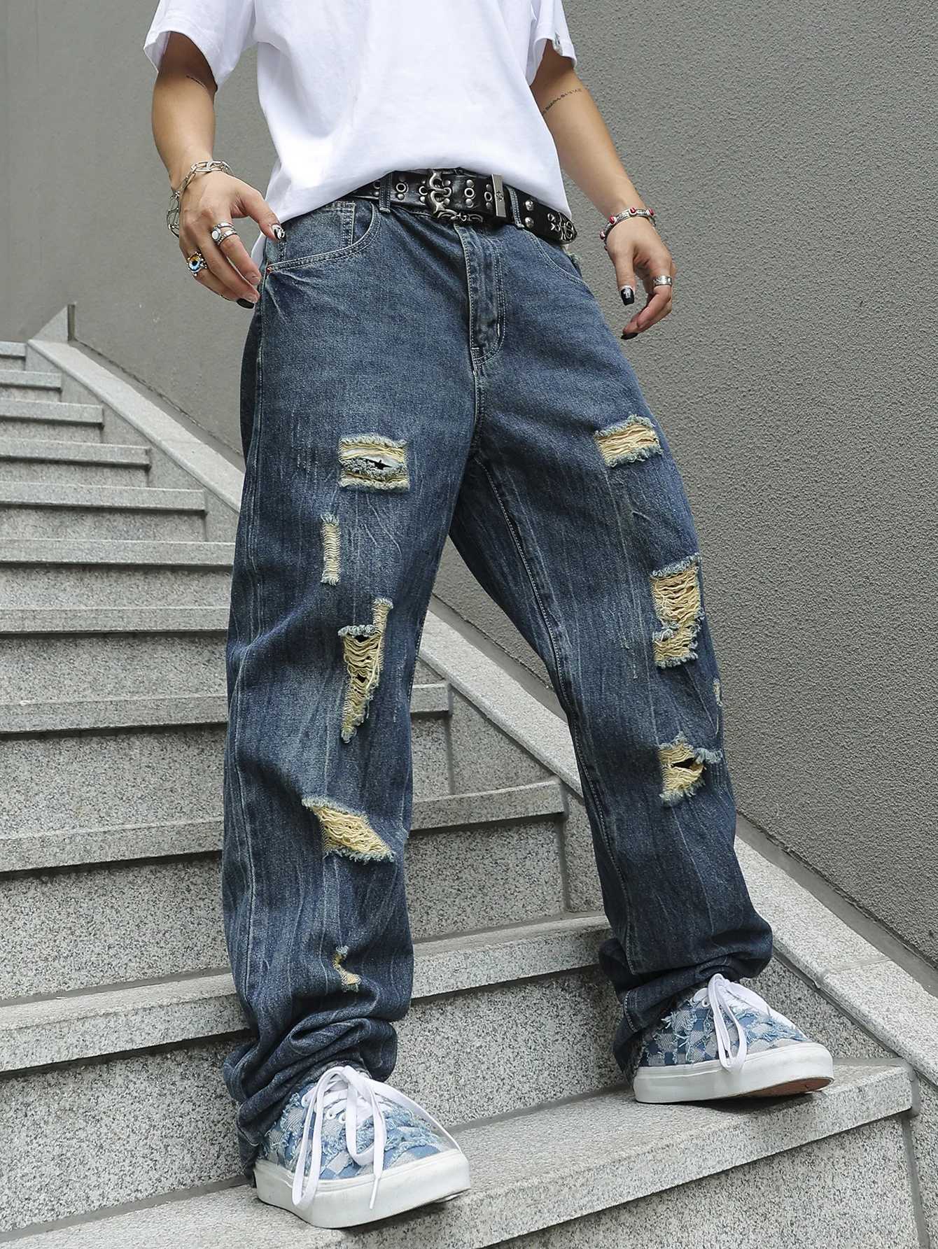 Mens Regular Fit Distressed Jeans Navy Blue Washed Ripped Denim Y2K HipHop Streetwear J251030