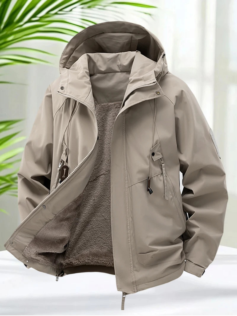 Faux Fur Lined Jacket for Men Autumn Winter Waterproof Windbreaker Jacket Fleece Liner Hooded Zip Up Jackets Men Clothing 251028