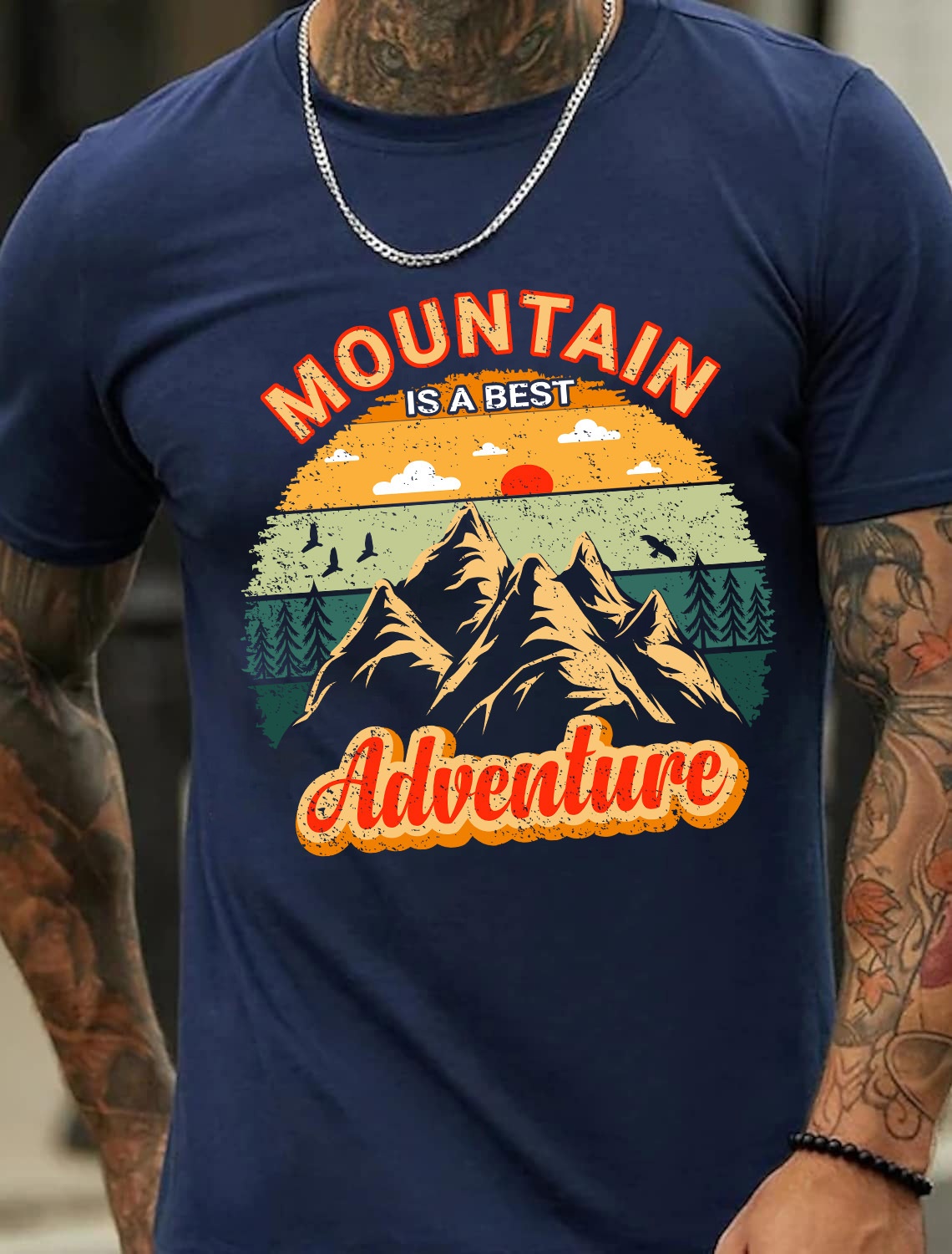 Europe & America Oumay Mountain and Sunset Print Pattern Men's Cotton Summer T-Shirt - TT7249