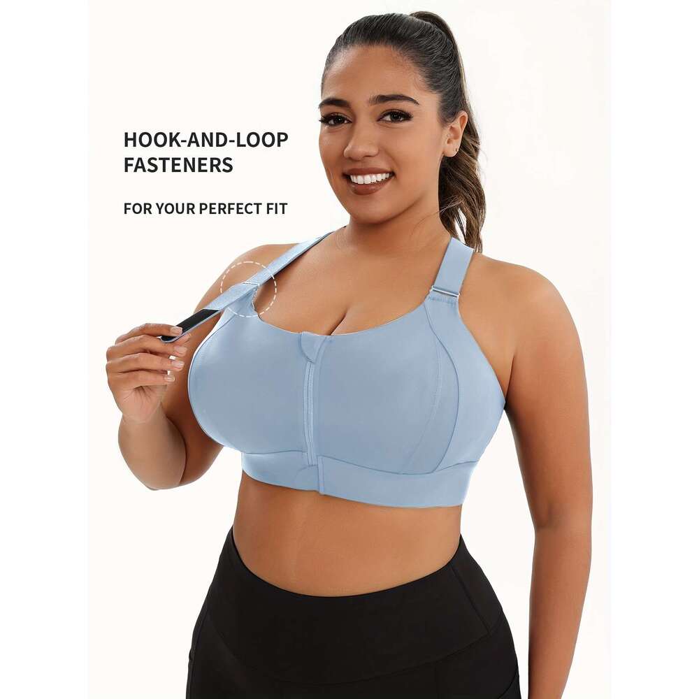 Plus Size Bra with Front Zipper, High Elasticity Solid Color Fiess Yoga Tank Top, Sports Bra, Adjustable Straps High-Quality Underwear