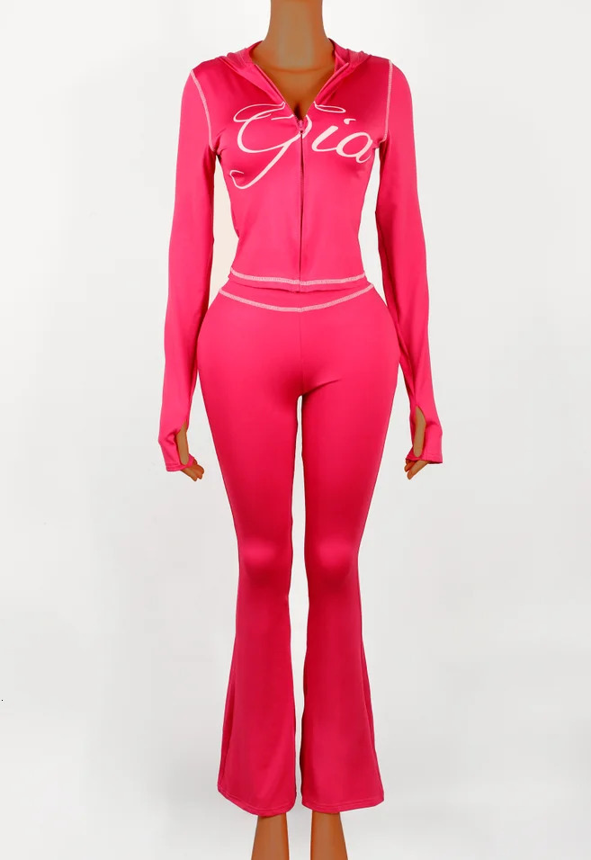 Spring And Autumn Print 2 Pieces Set Causal Street Outfits Women Y2K Fashion Long Sleeve Zip Hooded Crop Tops 251029