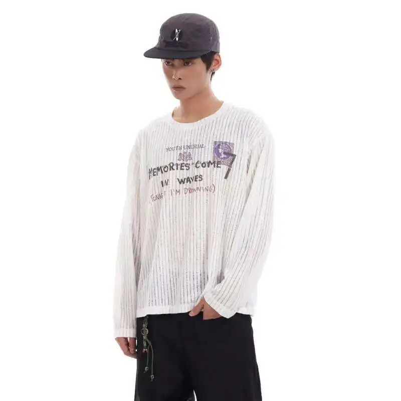 PFNW American Vintage Semitransparent White Letter Printting Long Sleeve White Tshirt For Men And Women Loose Tee Tops 28W6046 251028