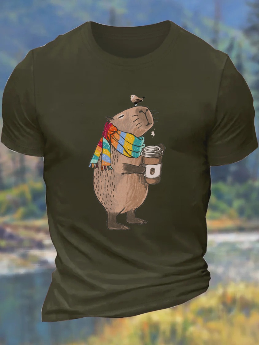 European & American Oversized Men's Fun Animal Print Coffee-Colored Cotton Crew Neck Loose-Fit Casual T-Shirt - TT7528