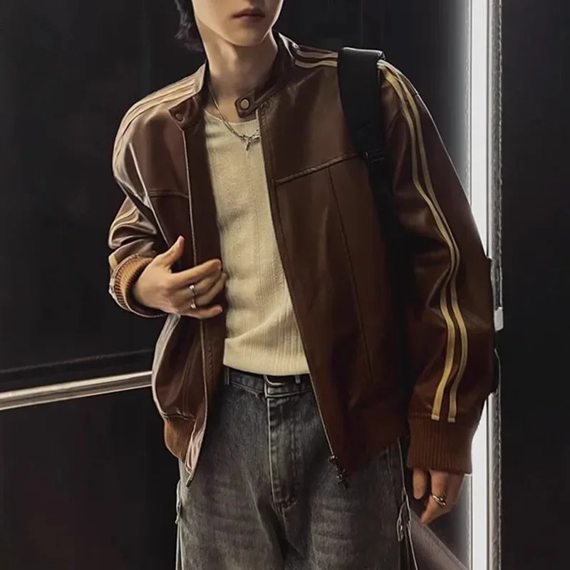 Loose Fit Mens Biker Leather Jacket Stripe Patchwork Stand Collar Casual Outerwear Faade Mixed Material Chinese Production 251029