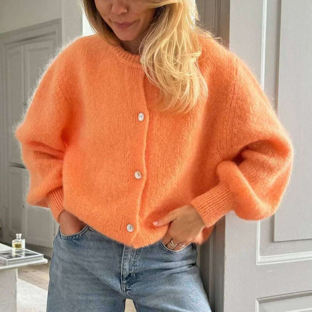 Women Solid Knitted Single Breasted Cardigan O-Neck Long Sleeve Loose Soft Sweater 2025 Autumn Lady Knitwear Designer Sweater Women Bear Sweater