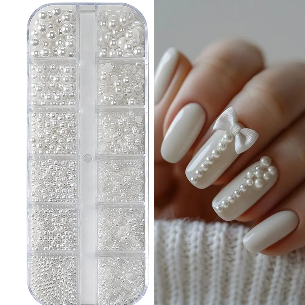 12Grids 3D Mixed White Pearls Nail Charms 01505mm RoundSemicircle Pearl Beads Nail Art Rhinestones DIY Manicure Accessories 251027