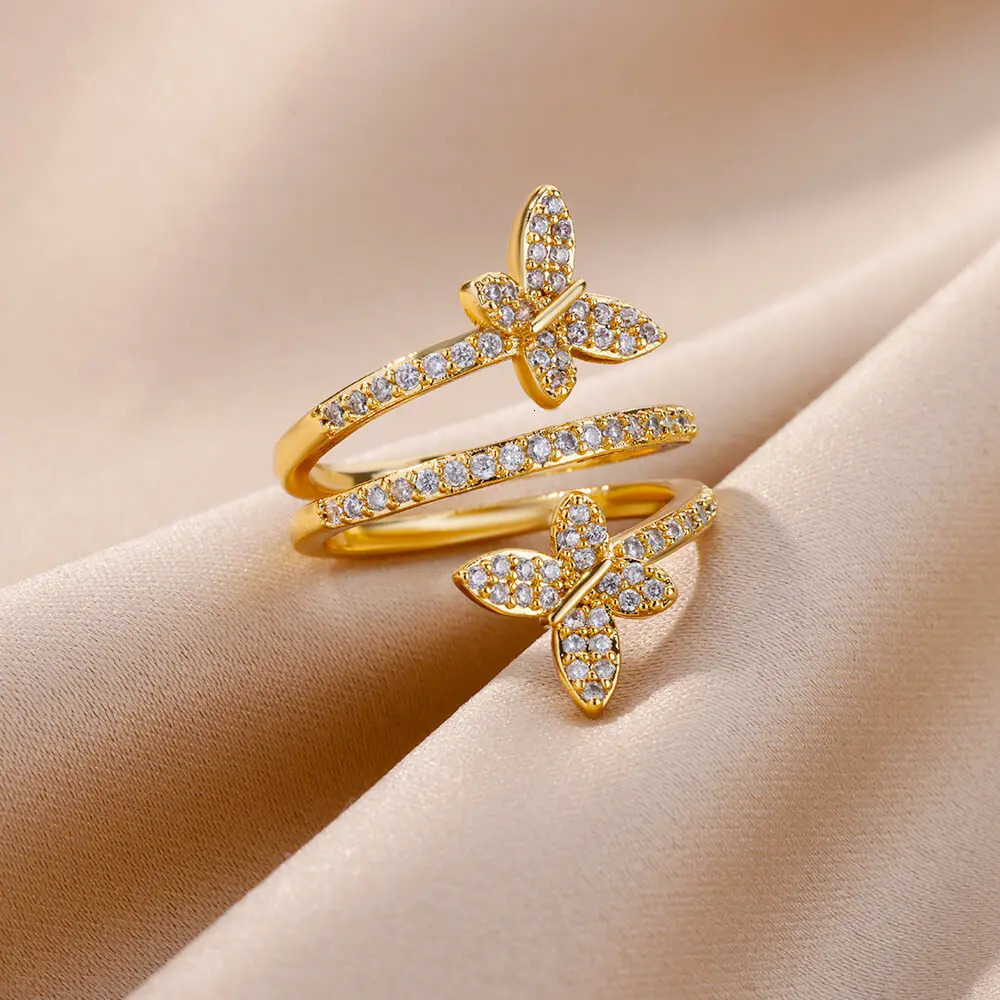 Zircon Double Butterfly Rings For Women Stainless Steel Gold Color Open Multilayer Ring Fashion Wedding Party Jewelry 251023