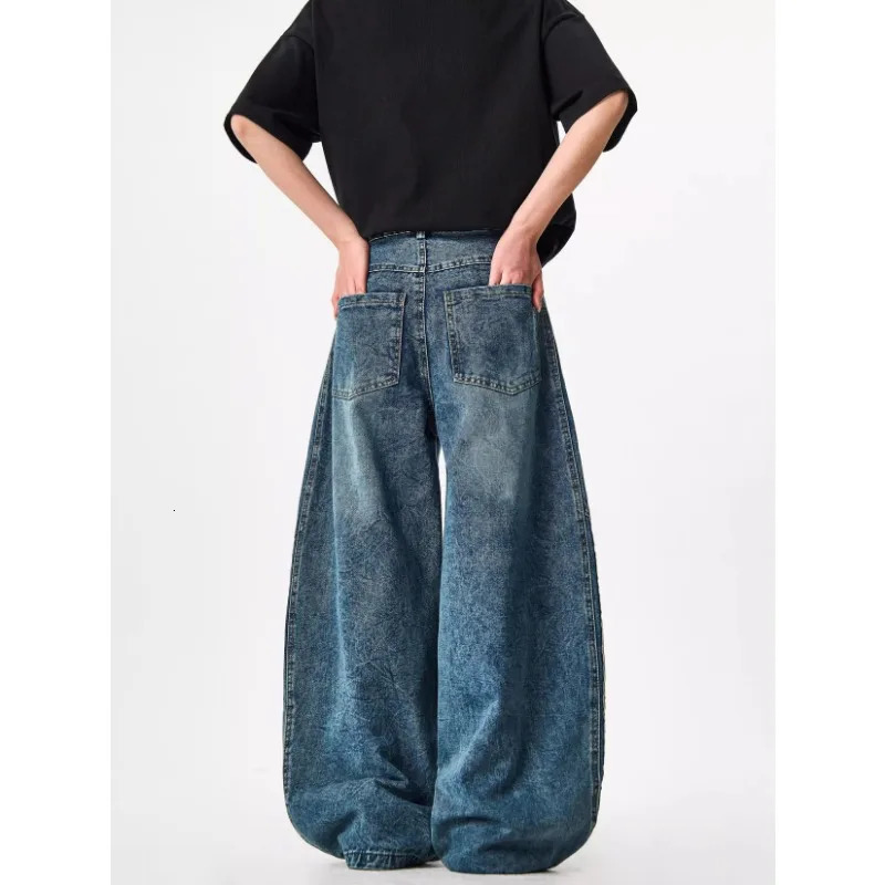 Y2K Custom Women Jeans Vintage Reconstruction Denim Pants Wide Leg With Distressed Wash And Stripe Details 251029
