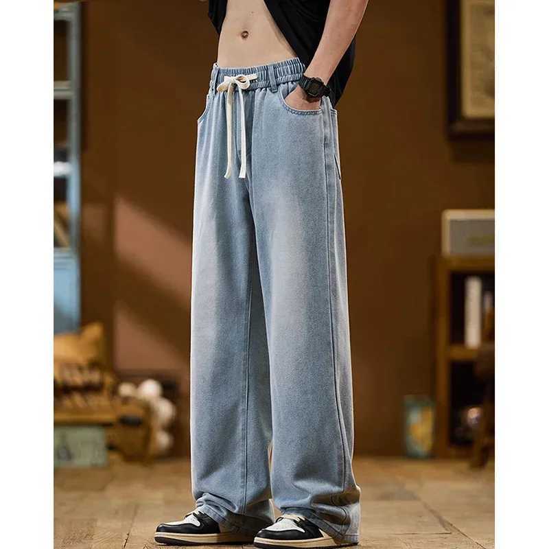 Men New Baggy Jeans Fashion Y2K High Street Retro Blue Trousers Elastic Drawstring Straight Wide Leg Loose Casual Denim Pants J251030