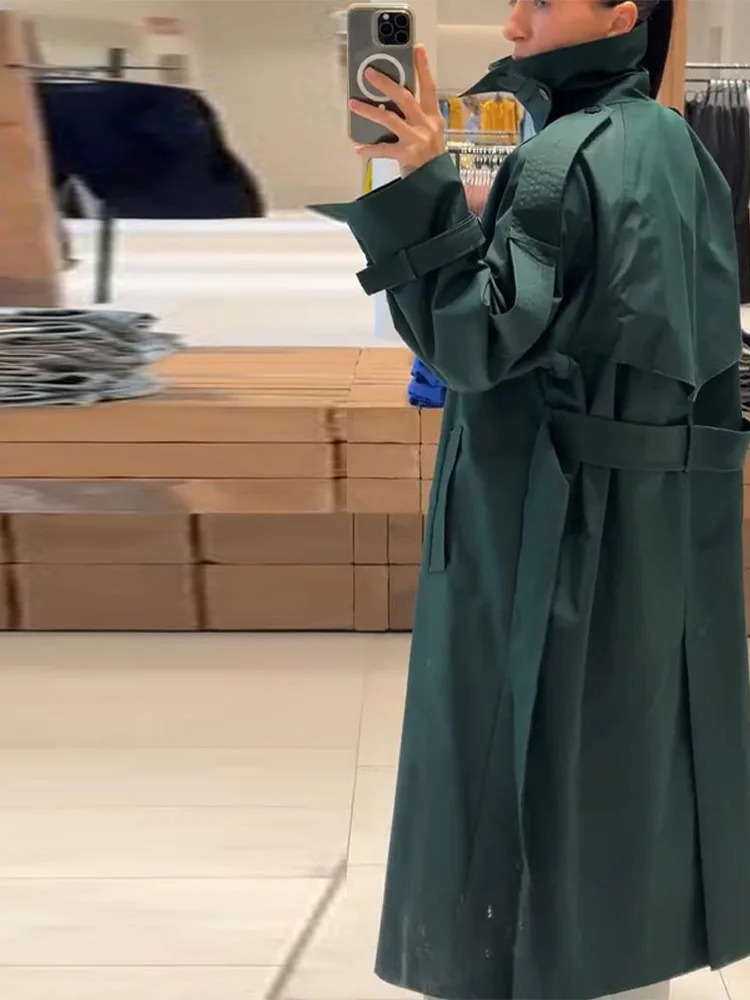 Street Womens Green Belt Long Trench Coat Stand Collar Double Breasted Full Sleeve Overcoat 2025 Autumn Lady Fashion Outwear 251030