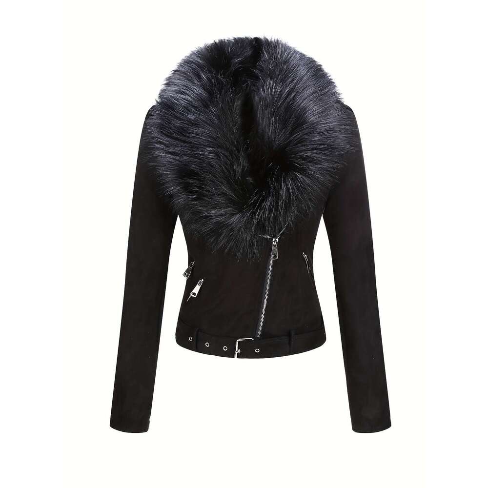 Women S Autumn Winter Short Jacket Faux Fur Hood Suede Material Polyester Elastane Solid Color Long Sleeve Windbreaker Style Woven Vintage Biker