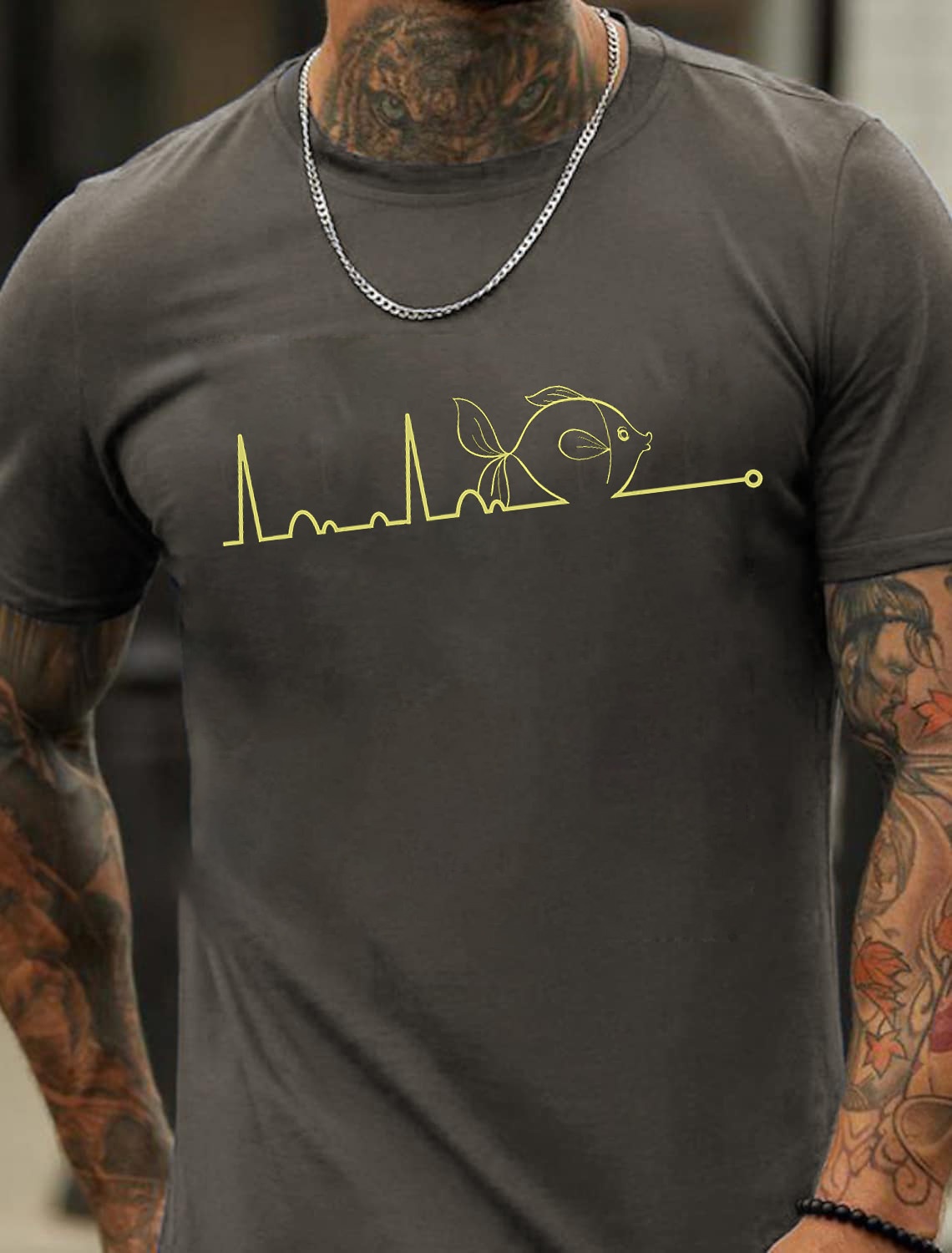 European & American Oversized Heartbeat Line Fish Pattern Fashion Men's Cotton Summer T-Shirt - TT7094