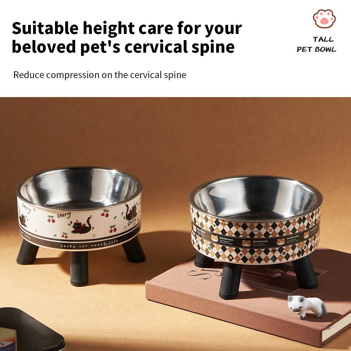 A fashion printed stainless steel pet bowl for feeding and water highlegged cat bowl with neck protection cartoon feeding dog J251113
