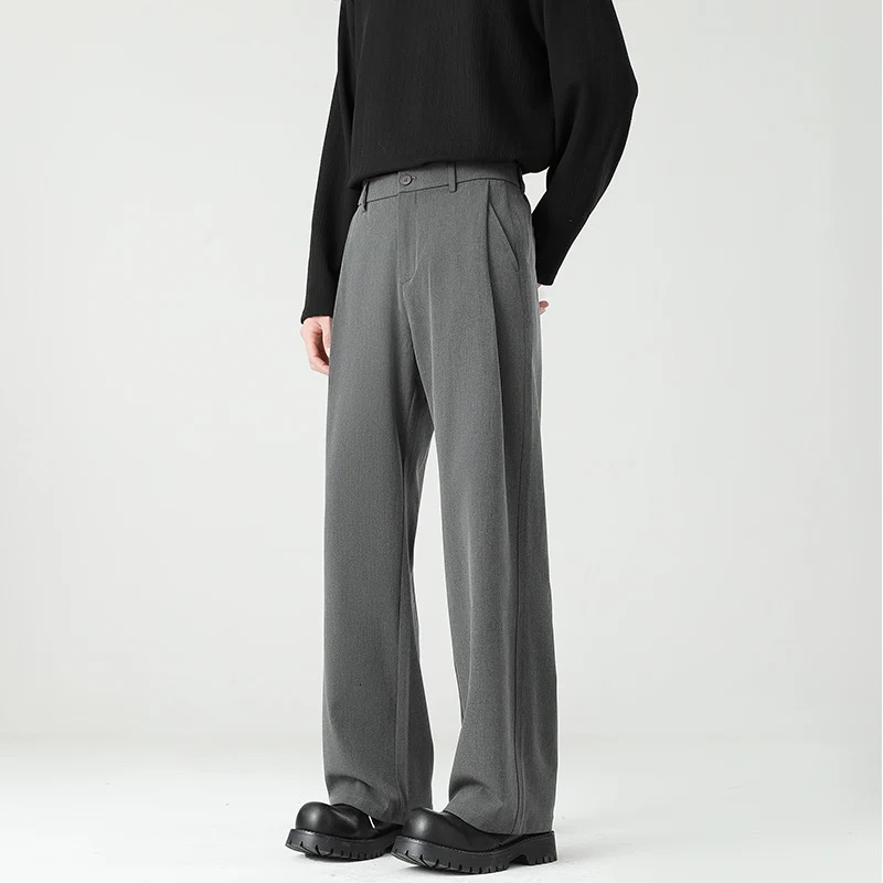 Autumn Mens Black Gray Suit Pants Loose Straight Drape Solid Color Elastic Business Work Casual Trousers Fashion Clothing 251028