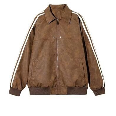 American Designer Jacket Style Striped PU Leather Jacket For Men And Women Spring And Autumn Trendy Brand Cool Casual Top Motorcycle Style Turn-down C