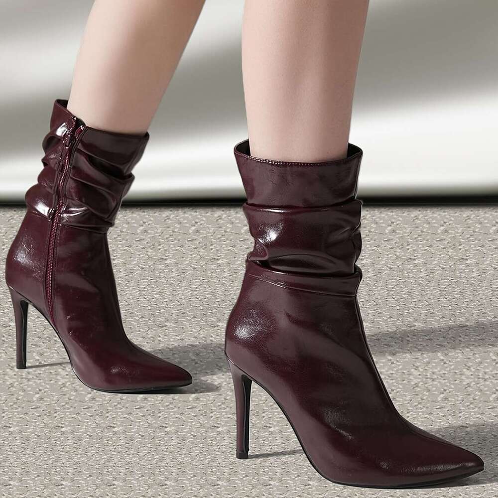 Women's Vintage Red Pointed-Toe Stiletto Mid-Calf Boots With Zipper Closure - PU Cover Rubber Sole, Ultra-High For Casual & Formal Ocns, All-Seas