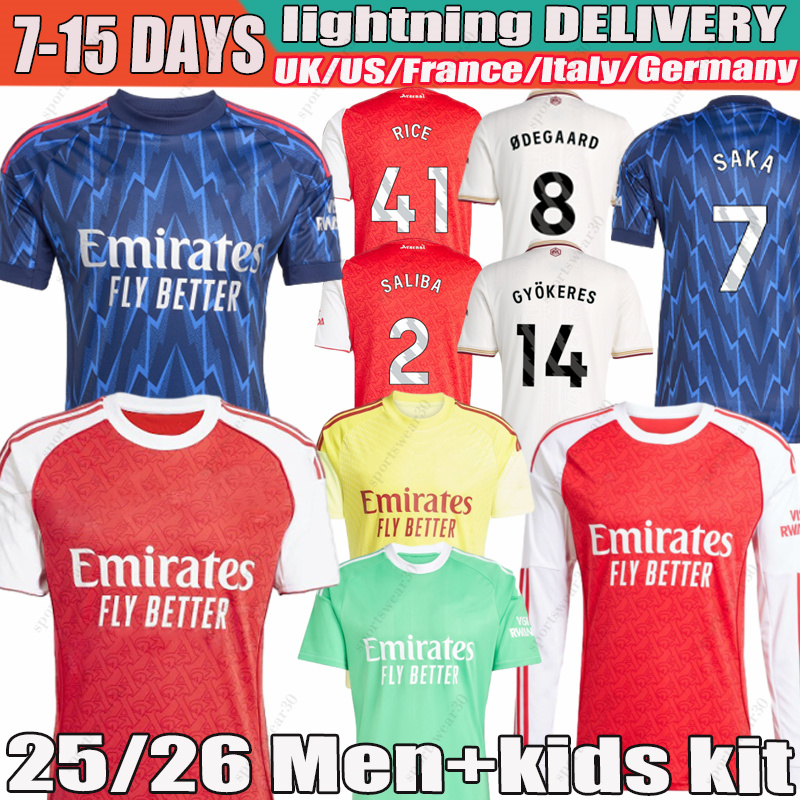 25 26 SAKA RICE Soccer Jerseys GYOKERES ODEGAARD HAVERTZ ZUBIMENDI SALIBA MARTINELLI Madueke G.JESUS GABRIEL 2025 Football Shirt Men Kids Sets Kit