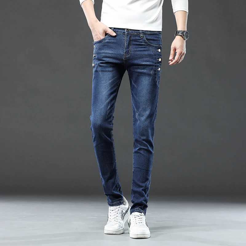 New Men Slim Korean Button Jeans Black Skinny Solid Color Stretch Multibutton Youth Male Denim Pants Streetwear J251030